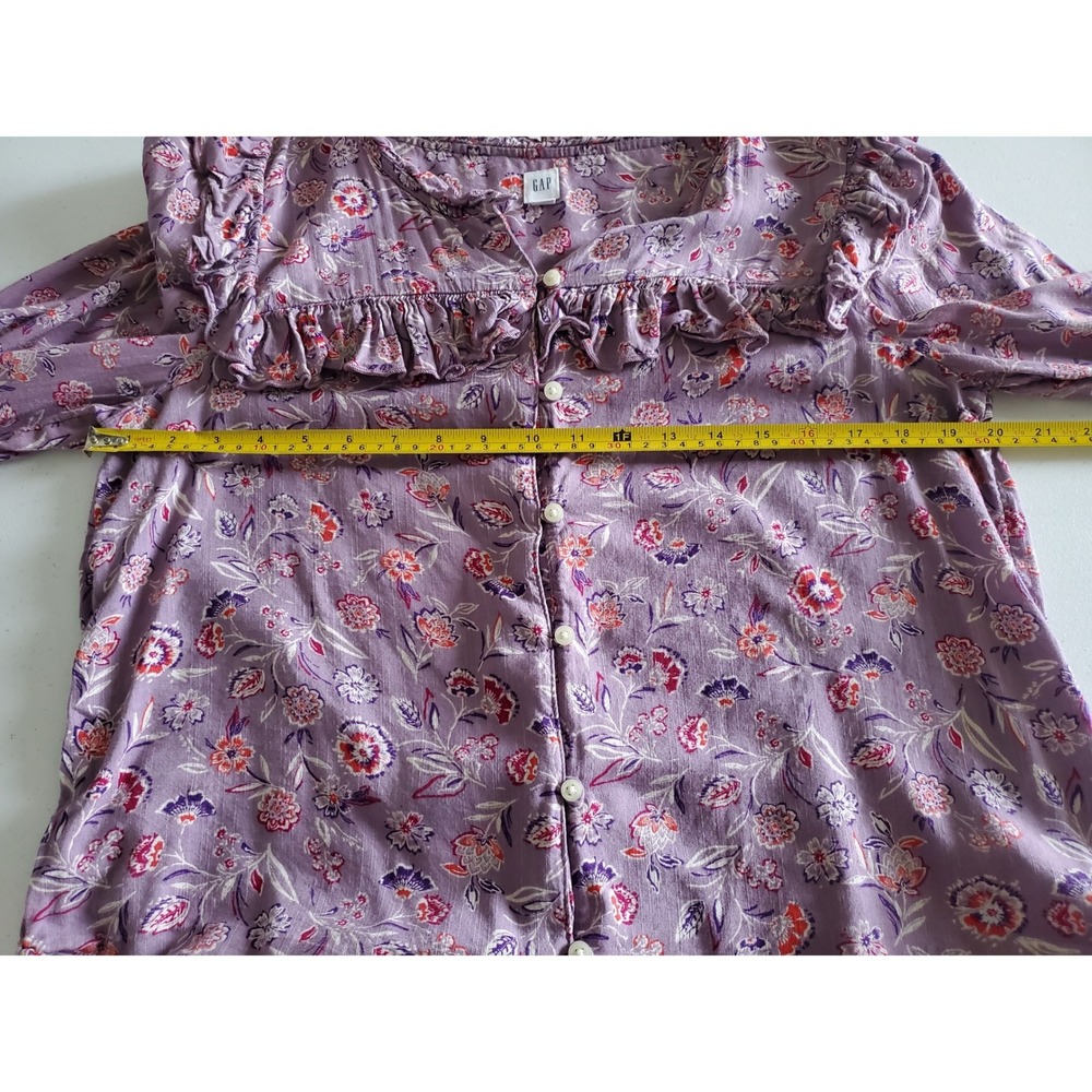 GAP Womens Purple Floral Ruffle Button Front Long Sleeve Peasant Top M - Picture 6 of 8